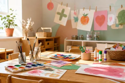 Art supplies and children’s craft projects in the preschool art atelier