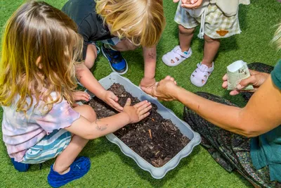 Children and a teacher planting seeds together in an outdoor planter
